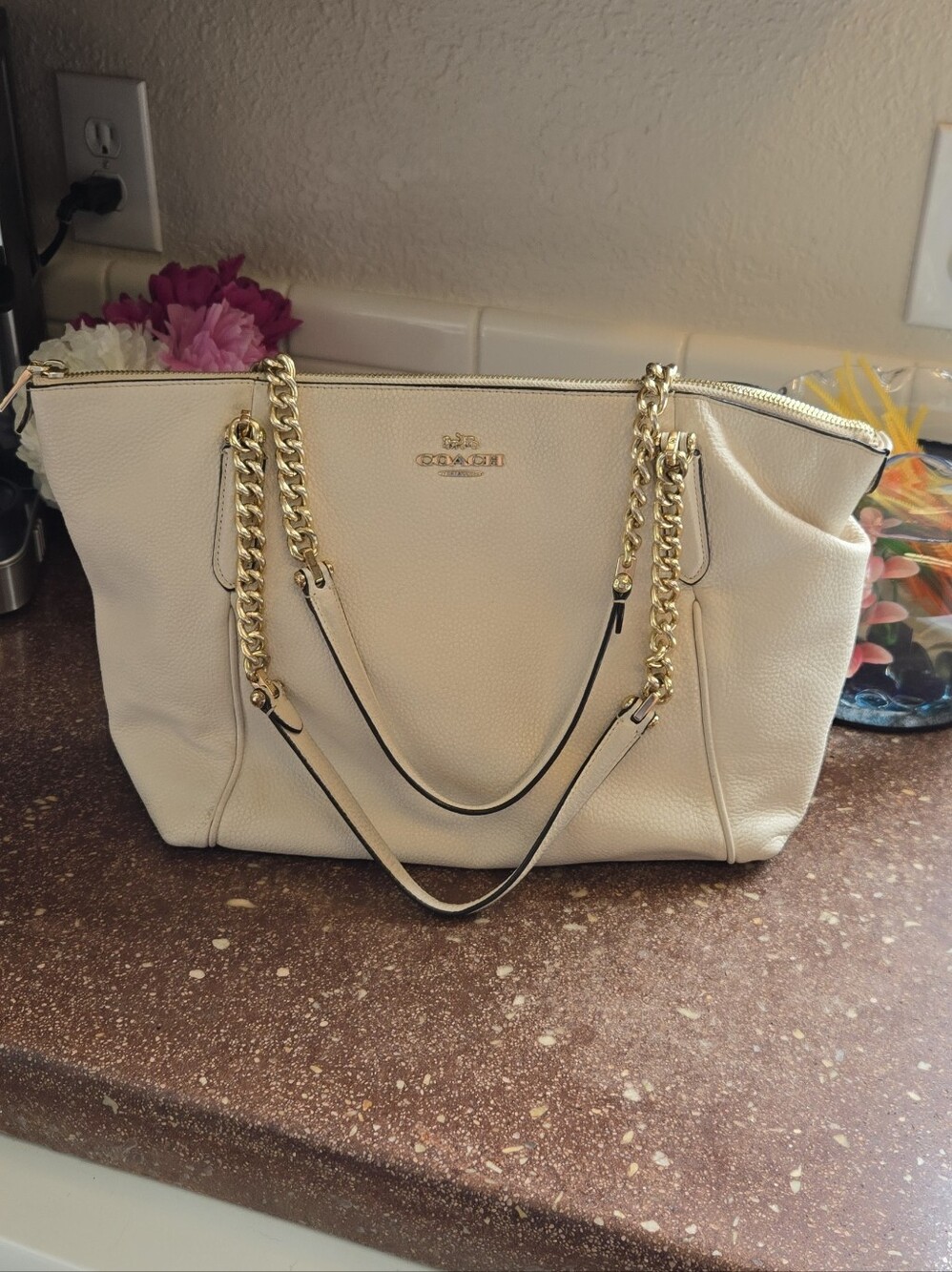 Coach Ava Chain Tote F87775 Chalk Pebbled Leather Gold Chain Shoulder Bag